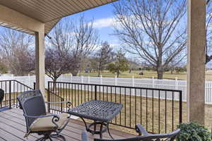 Wooden terrace with a yard and a fenced backyard