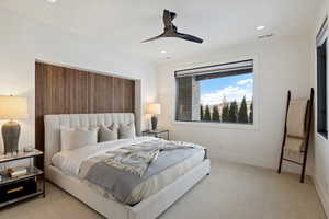 Carpeted bedroom with recessed lighting, visible vents, ceiling fan, and baseboards