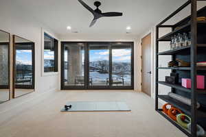 Doorway to outside featuring carpet, a mountain view, ceiling fan, and baseboards