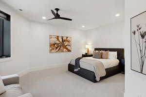 Bedroom with baseboards, carpet flooring, visible vents, and recessed lighting