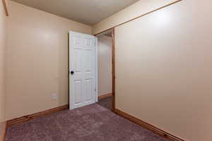 Carpeted spare room with a textured ceiling and baseboards