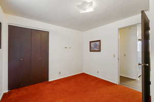 Unfurnished bedroom with a textured ceiling, carpet floors, a closet, and baseboards