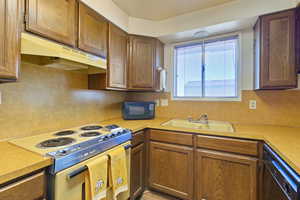 Kitchen featuring black appliances, under cabinet range hood, light countertops, and a sink