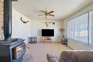 Carpeted living room with a wood stove, ceiling fan, baseboards, and a textured ceiling