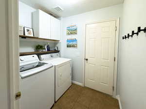 Laundry room with separate washer and dryer, dark tile patterned floors, visible vents, baseboards, and cabinet space