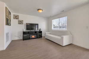 Living room featuring light wood-style floors, baseboards, visible vents, and a glass covered fireplace