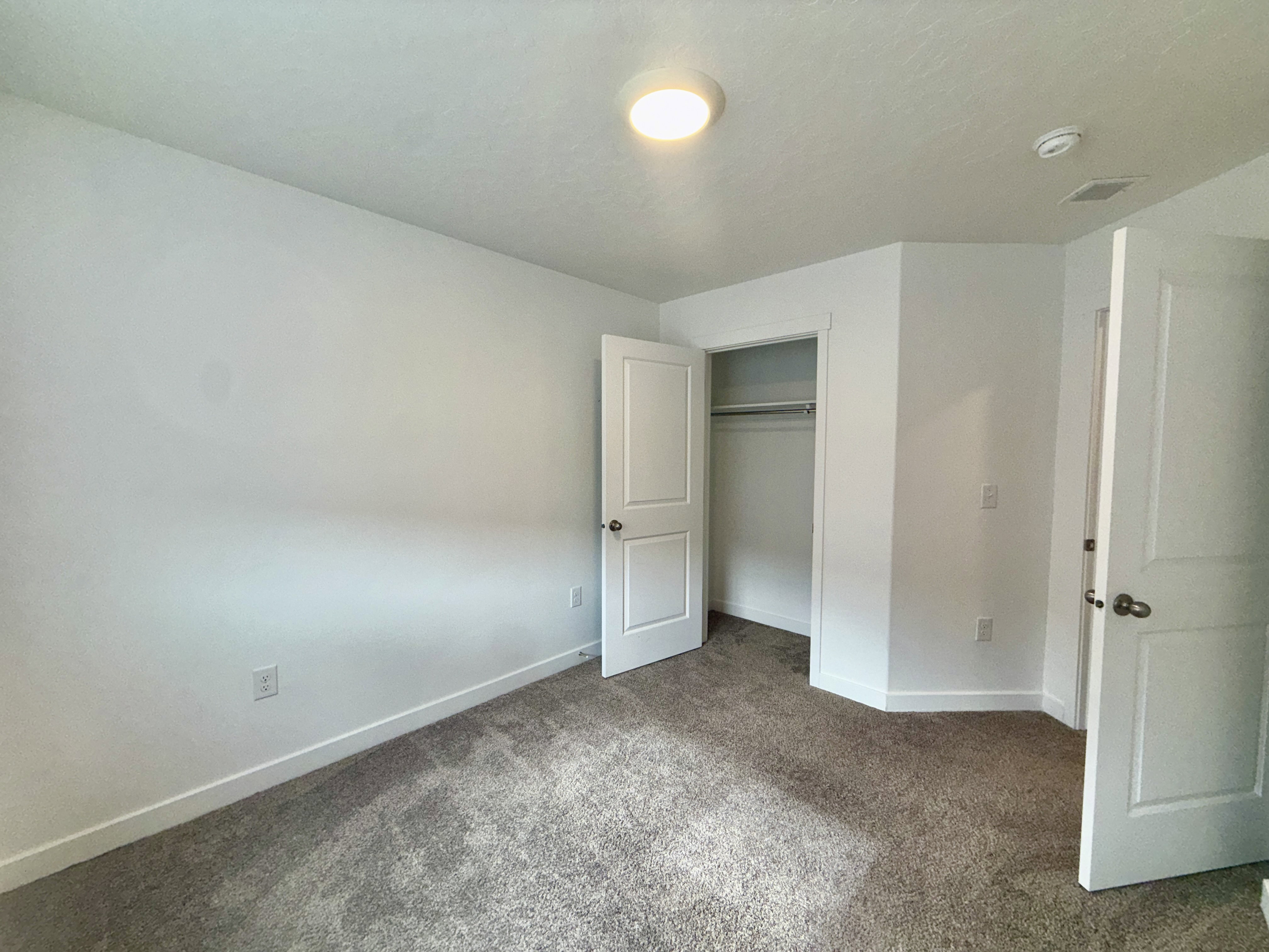 Carpeted room with white walls, featuring a built-in closet with hanging rod, white trim, and a ceiling-mounted light fixture
