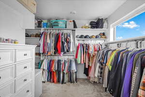 Spacious closet featuring light colored carpet