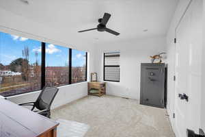 Office area featuring carpet flooring, a ceiling fan, and baseboards