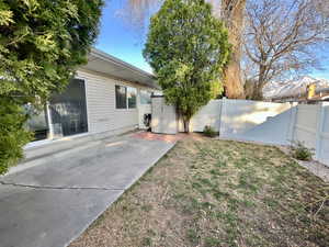 View of yard with a patio area and fence