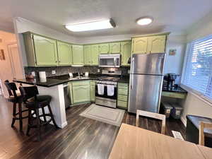 Kitchen with stainless steel appliances, dark countertops, tasteful backsplash, green cabinetry, and a peninsula