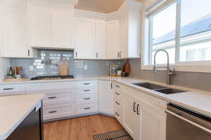 Kitchen with professional grade stainless steel appliances, beautifully tiled backsplash, quartz countertops, light wood-style flooring, white cabinetry, and a sink