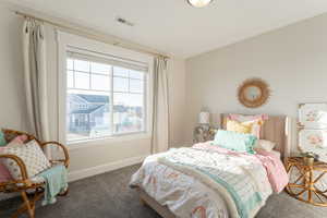 Bedroom 3 with multiple windows, and carpet flooring.