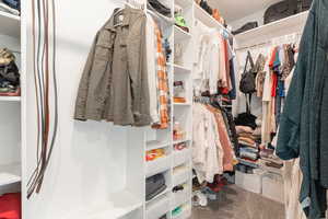 Owner’s walk in closet with carpet floors