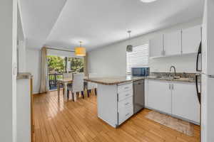 Kitchen featuring hanging light fixtures, a sink, white cabinetry, a peninsula, and stainless steel appliances