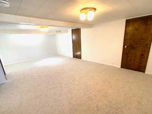 Finished basement with baseboards, visible vents, and carpet
