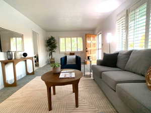 Living room with baseboards and light colored carpet