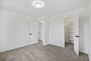 Unfurnished bedroom featuring carpet floors, a closet, a spacious closet, and baseboards