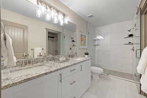Full bathroom with toilet, a stall shower, a sink, and visible vents