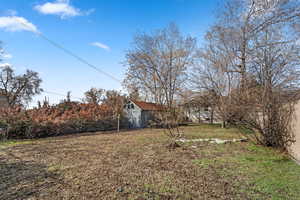 View of yard with fence and an outbuilding