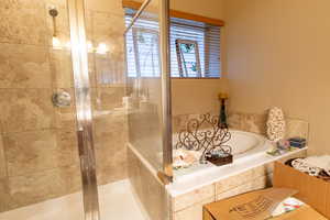 Bathroom featuring a shower stall and a bath