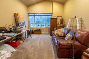 Carpeted living area featuring lofted ceiling