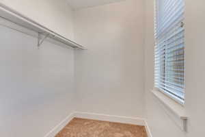 Spacious closet featuring light colored carpet