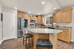 Kitchen featuring light brown cabinets, recessed lighting, dark wood-style flooring, a sink, and appliances with stainless steel finishes