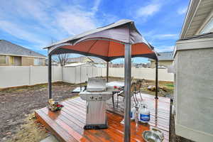 Wooden deck with an outbuilding, a storage unit, area for grilling, and a fenced backyard