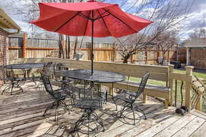 Wooden terrace featuring outdoor dining area and a fenced backyard