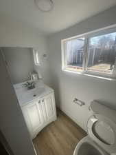 Bathroom featuring vanity, wood finished floors, toilet, and baseboards