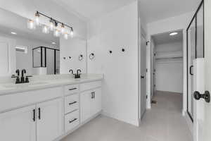 Bathroom with a spacious closet, double vanity, a stall shower, and a sink