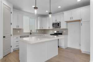 Kitchen with stainless steel appliances, light wood-type flooring, and white cabinetry