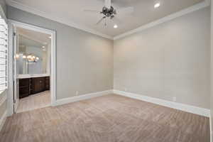 Empty room with recessed lighting, light colored carpet, ornamental molding, ceiling fan, and baseboards