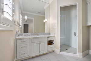 Full bath featuring a stall shower, visible vents, baseboards, crown molding, and vanity