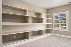 Room details featuring baseboards, visible vents, and carpet flooring