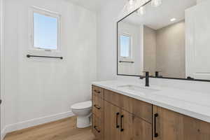 Bathroom with vanity and wood finished floors