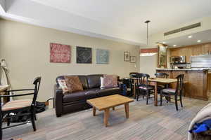 Living area with light carpet, visible vents, and recessed lighting