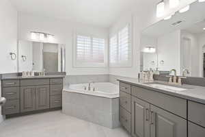 Bathroom featuring a bath, two vanities, a sink, and visible vents