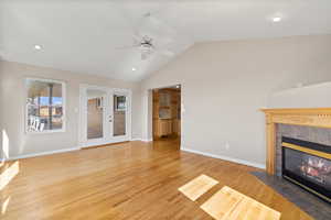 Family room with doors leading to covered deck