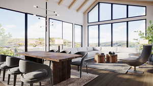 Rendering of Family room / solarium with lofted ceiling with beams and a notable chandelier