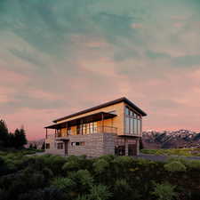 Rendering Vview of front of house featuring stone siding and a mountain view