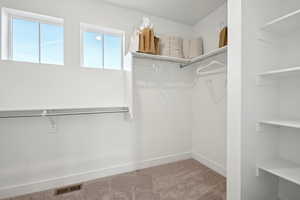 Walk in closet featuring carpet flooring and visible vents