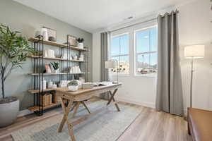 Office with light wood-style floors, baseboards, and visible vents