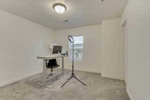 Carpeted office with a textured ceiling, visible vents, and baseboards