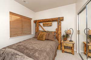 Carpeted bedroom with a closet and visible vents