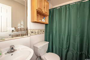 Bathroom featuring wainscoting, a shower with shower curtain, a sink, and toilet