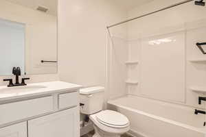 Full bathroom featuring visible vents, toilet, shower / tub combination, and vanity