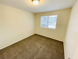 Spare room featuring dark colored carpet