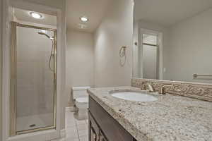 Bathroom featuring visible vents, a stall shower, tile patterned flooring, and toilet